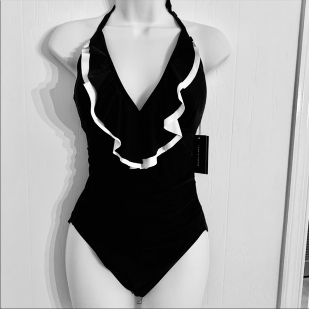 Tommy Hilfiger black white ruffle swimsuit…